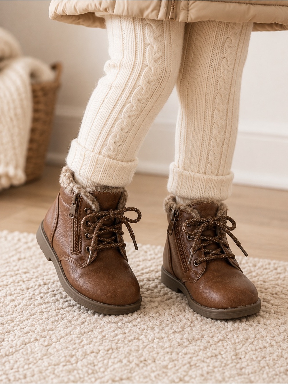 Wonder Nation Kids Size 4 Brown Lace Up Ankle Boots Knit Cuff Buckle